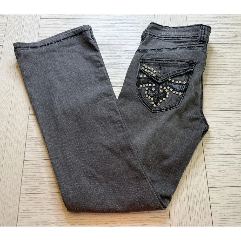Jeans De Fleur Womens 7 Black Denim Embellished Mid Rise Bootcut‎ Jeans Retro
